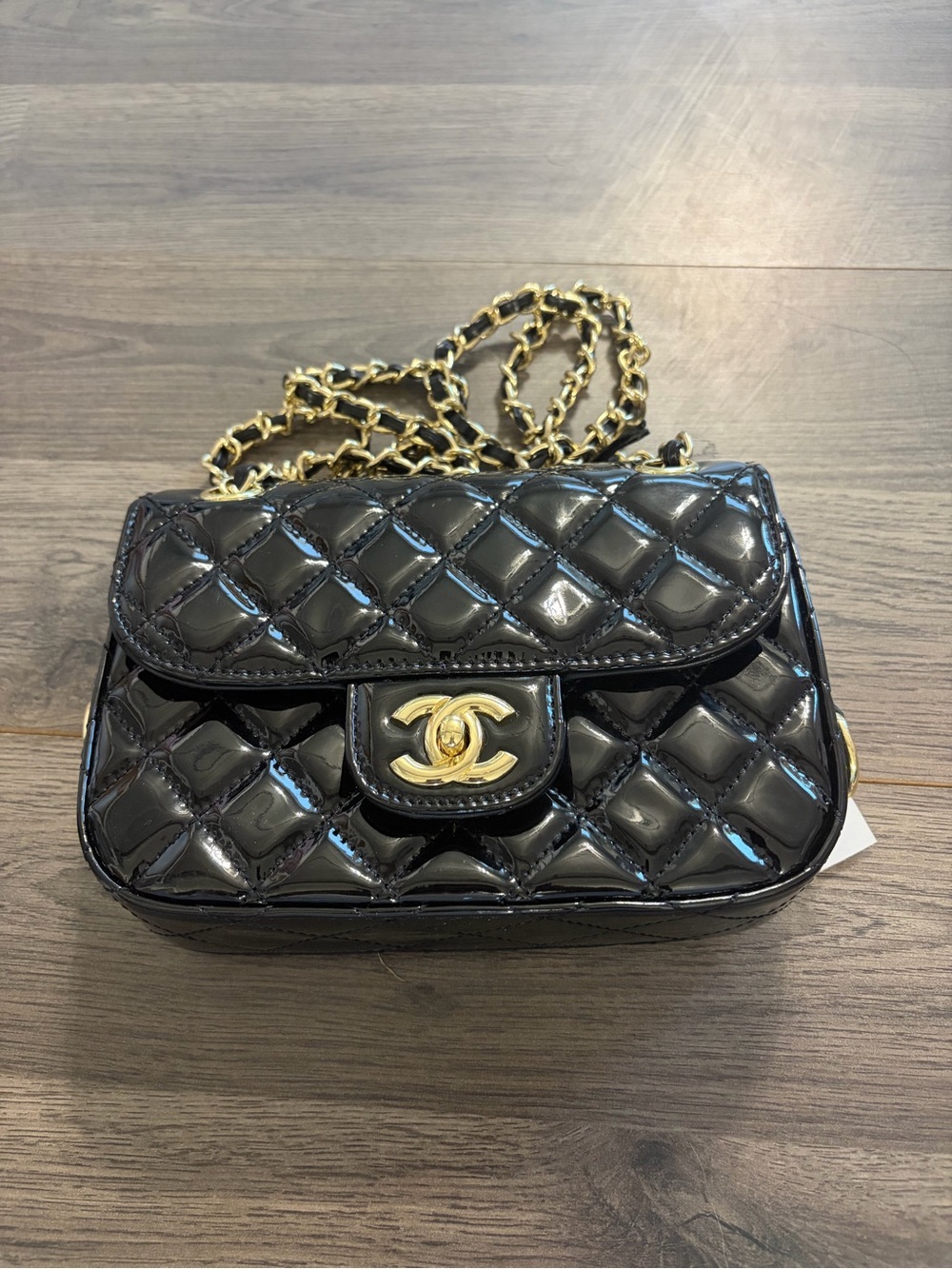 Black Patent Quilted Mini Flap Bag with Gold Chain